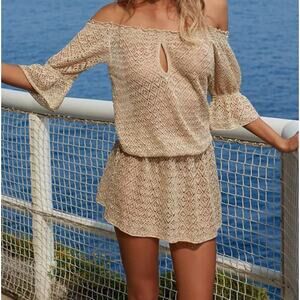 Melissa Obadash Flo Gold Crochet Off the Shoulder Short Beach Dress Women's S